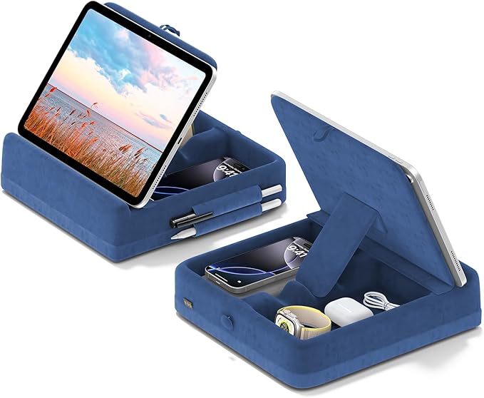 KDD Tablet Pillow Stand with Storage, Foldable iPad Holder for Bed, Lap and Desk, Angle Adjustable Soft Pad Dock with Stylus Mount Compatible with Ipad Pro 12.9, 10.5, 11, Air, Mini, Phones, Books