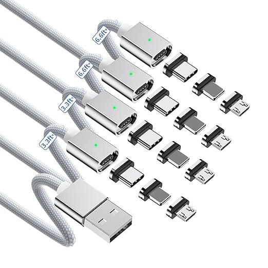 ZBF Magnetic Charging Cable 3A Fast Charging (4-Pack, 3.3/3.3/6.6/6.6 ft) 3 in 1 Magnetic Phone Charger, 480Mbps Data Transfer, USB A to Type C Charger Cable USB-C/Iproduct Micro USB Device (Deep Red)