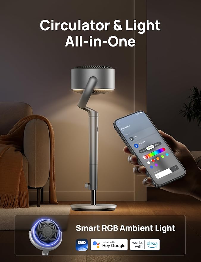 Dreo Smart Fans for Bedroom, 120ยฐ +120ยฐ Omni-Directional Oscillating Fan, 90ft Quiet Pedestal Fan with RGB Light, 9 Speeds, 6 Modes, 20dB, 8H Timer, Wi-Fi/Voice, 37-42" Floor Fans with Remote, Silver