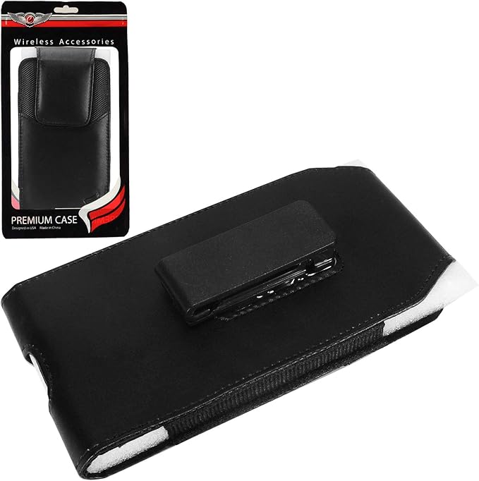 Leather Cell Phone Holster for T-Mobile REVVLRY+, REVVL 4, AT&T Fusion Z, Motivate, Jitterbug Smart3, Kyocera DuraSport 5G - Vertical Case Waist Carrying Pouch with Belt Clip/Loops, Black