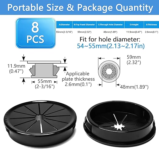 8 Pcs Cable Grommet, Snap Bushing 2-3/16" (55 mm) Mounting Diameter, Flexible Petal-Shaped Buckle Round Nylon Desk Grommet for Wires Through Countertop Cord Organizer and Protection, Black