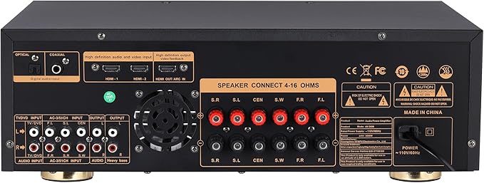 Stereo Receivers, 5.1 Channel Audio Amplifier with Bluetooth,8K Ultra HD, Optical/Coaxial USB, Subwoofer Output & Wireless Mics, Home Theater Amplifier System, for Theater Speakers