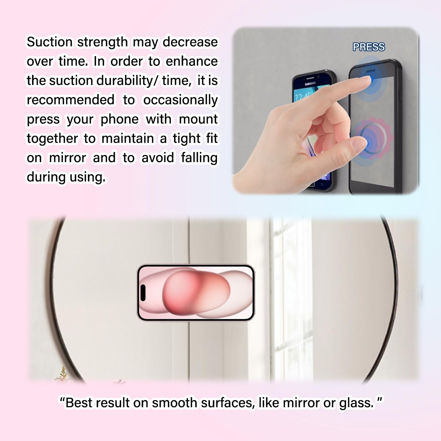 NTidea (3 Pack) Double Sided Silicone Suction Cup Phone Case Mount, Hands-Free Silicon Phone Grip with Higher Suction Power for Selfies and Videos, Non Slip Phone Accessories, Pink