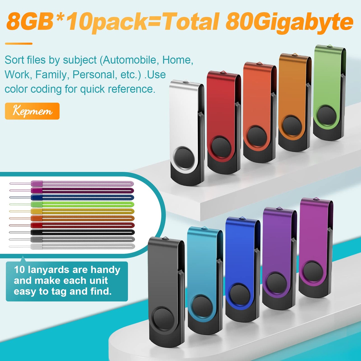 Kepmem 16GB USB 3.0 Multipack - 10pcs Thumb Drives, Metal, Swivel, Zip