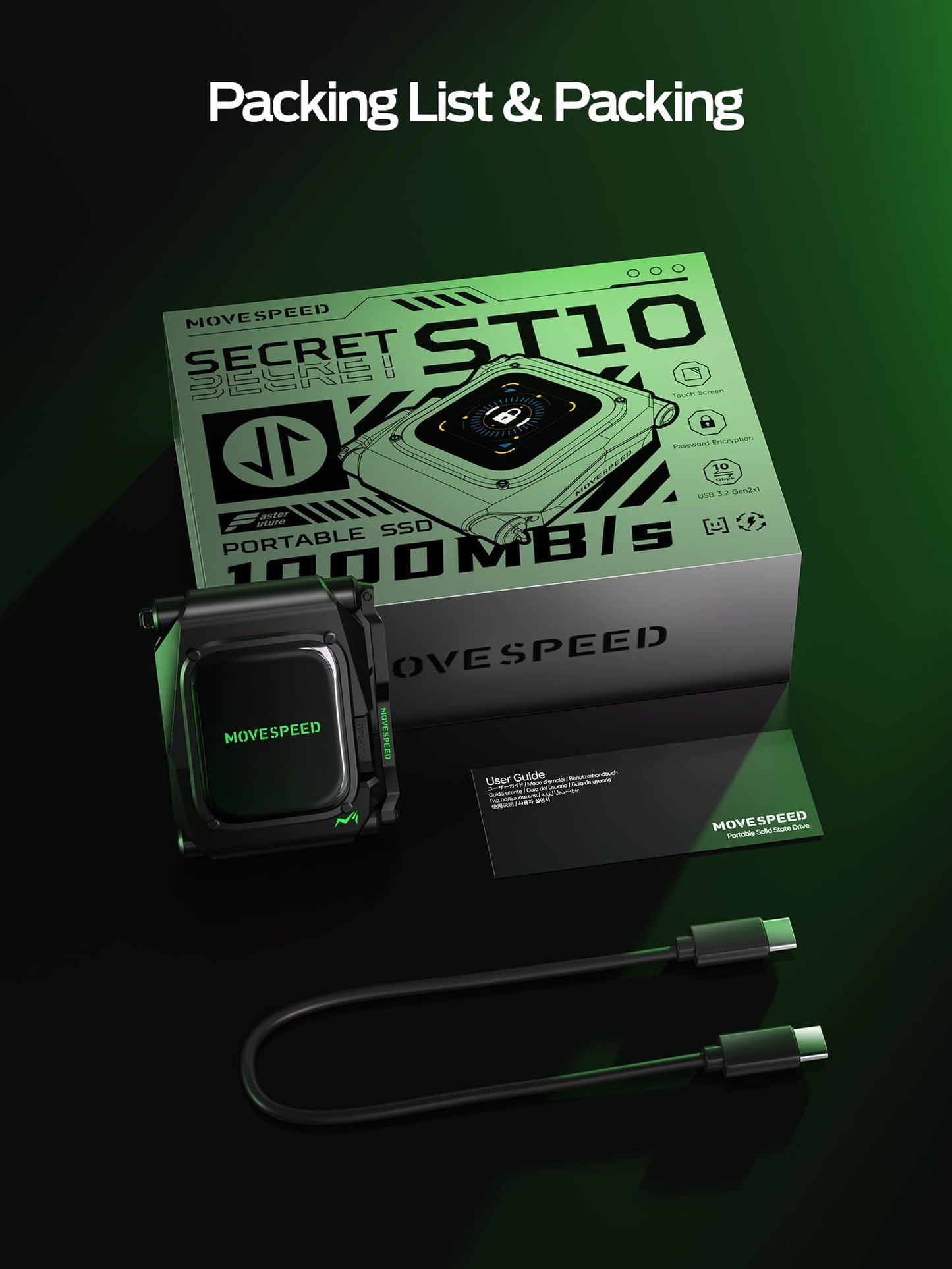 MOVE SPEED External Hard Drive with Touchscreen, Up to 10Gbps Portable SSD, USB-C 3.2 Gen2, Compatible with iPhone, Windows, Mac & More (ST10,1TB)