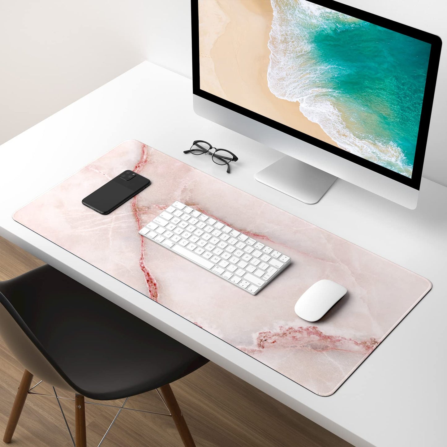 Atufsuat Extended Gaming Mouse Pad, XXL Large Mouse Mat 30 x 14 Inch, Big Computer Keyboard Mousepad, Waterproof Desk Pad with Stitched Edges and Non-Slip Base for Office Gaming, Light Pink Marble
