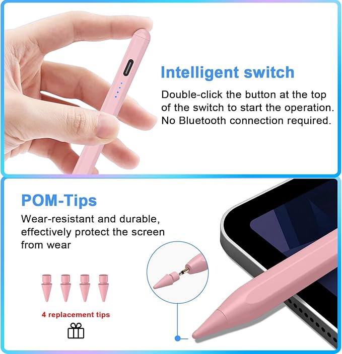 Stylus Pen for iPad 9th&10th - Type-c Charging Pencil for ipad Palm Rejection Active Pen Compatible with (2018-2025) Apple iPad 6/7/8/9/10/11(A16), Air 3/4/5/M2/M3, Mini 5/6, Pro 11"/12.9"/M4(Pink)
