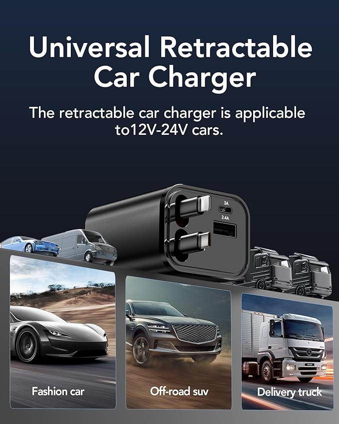 Retractable Car Charger, 4 in 1 Fast Car Charging 60W, Compatible for iPhone 16 Car Travel Essentials Charger, Women Men for Gifts USB C Car Honda Civic Accessories Adapter Compatible for iPhone 16 15