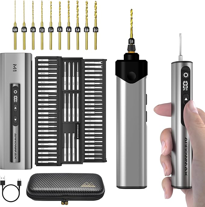 AM ARROWMAX 7.4V Mini Electric Screwdriver & Removable Angle Screw, Precision Electric Screwdriver Set, 60 in 1 Magnetic Bit, 5 Torque Setting, 5/32''Hex, Repair Tools For Phone Camera Watch (M1 PLUS)