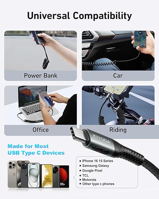 USB C Cable 3FT, 2Pack Coiled Braided USB A to Type C Charger Cable for Car 66W Fast Charging Cord Compatible with iPhone 16 15, iPad, Samsung Galaxy, Google Pixel, Moto, TCL, LG Phones and More