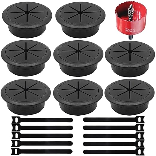 2 Pack Desk Grommet 2 Inch (50 mm), Desk Hole Cover for Cables, Black Desk Cord Hole Cover for Office Home Table, Cable Grommet with 1 Hole Saw Drill Attachment & 6 Cable Ties