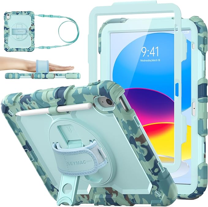 SEYMAC stock Case for iPad (A16) 11th/10th Generation 11''/10.9'' 2025/2022, Full-Body Drop Protection Case with Screen Protector &360° Rotate Hand Strap/Stand