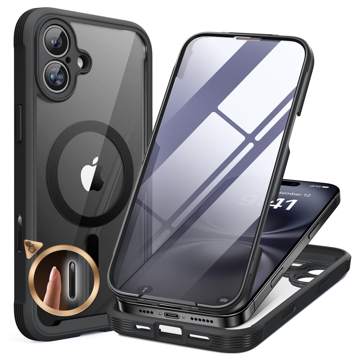Miracase for iPhone 13 Case 6.1'',Full-Body Magnetic Clear Bumper Case with Built-in 9H Tempered Glass Screen Protector,Military Drop Protection Outdoor Phone Case — iPhone 16 Plus