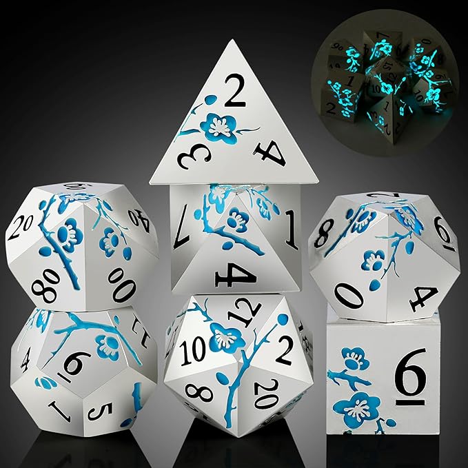 Glow in The Dark Metal Dice, DNDND 7 PCS Green Metallic D&D Dice Set with Gorgeous Gift Case for Dungeons and Dragon Tabletop Game (Glow in The Dark Green)