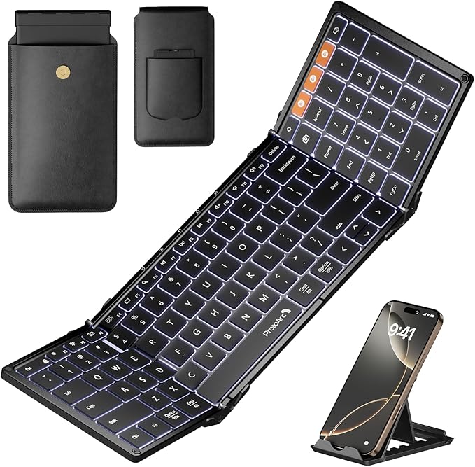ProtoArc Backlit Foldable Keyboard, XK01 Plus Folding Portable Bluetooth Keyboard for Travel, True Full Size External Wireless Keyboards with Backlight for iPad Tablet Smartphone Laptop - Gray