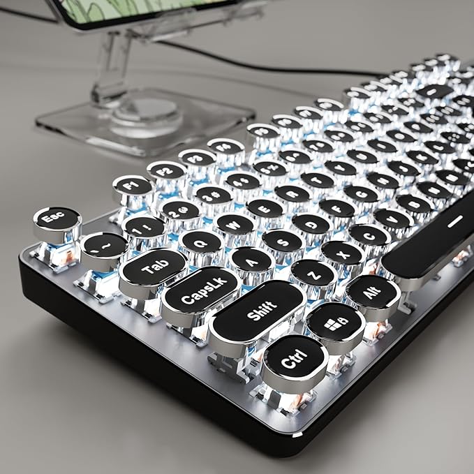 SEUNKWANG Typewriter Style Mechanical Gaming Keyboard with White Backlit, Wired Retro Punk Computer Keyboard Durable Metal Panel, Clicky Blue Switch, Round Keycaps, Full-size for PC/Desktop/Win