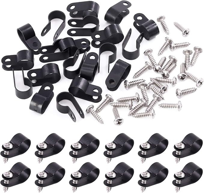 Swpeet 120 Pack White 3/4 Inch Nylon Plastic R-Type Cable Clips Clamp Kit, Nylon Screw Mounting Cord Fastener Clips with 120 Pack Screws for Wire Management (3/4 Inch