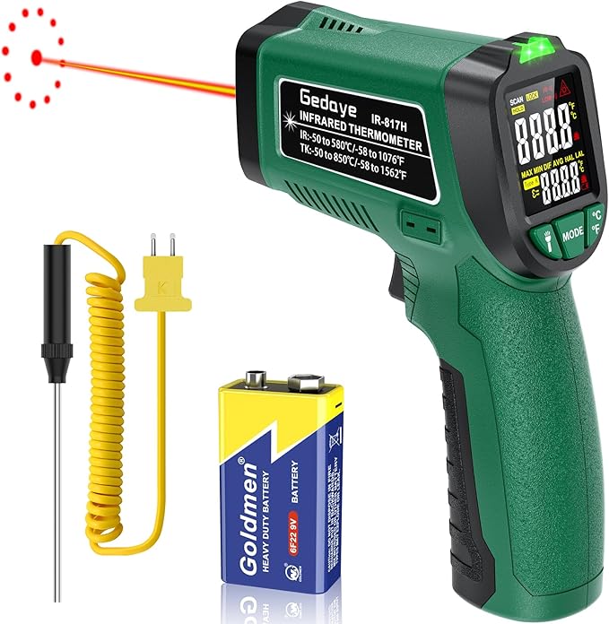 Infrared Thermometer Gun, Gedaye Laser Temperature with IR Pointer 13:1, Meat Temp Gun with Metal Probe, Adjustable Emissivity, -58℉ to 1076℉, Heat Thermometer for Cooking Pizza Oven Grill Fridge BBQ