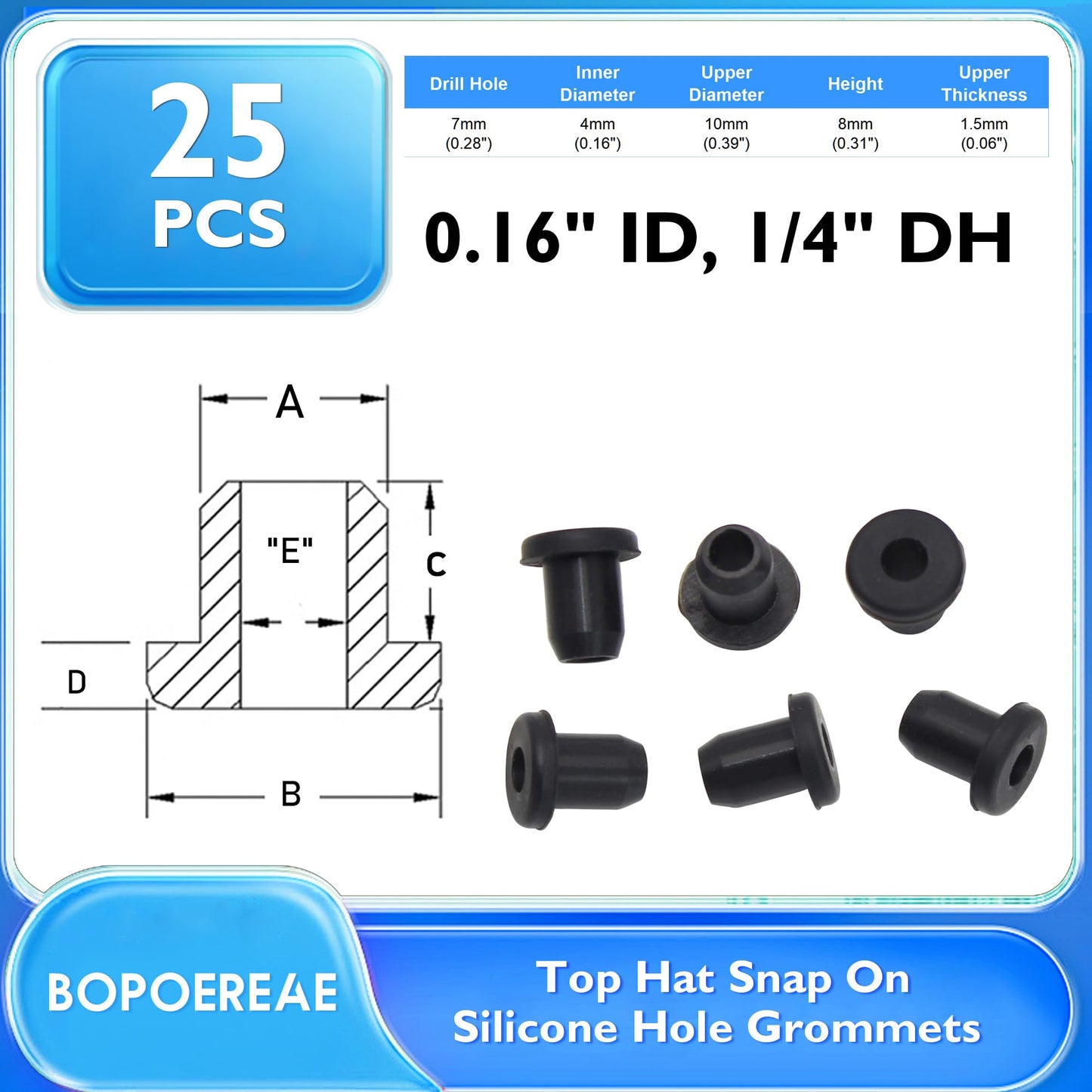 BOPOREAE 1/4" Drill Hole, 3/16" ID Silicone Rubber Grommets for Wiring