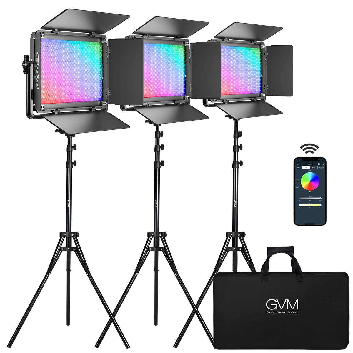 GVM 1300D RGB Video Light Kit with Softbox & Stands, 65W Photography Light with Bluetooth Control, 3 Packs Led Panel Lights for Studio YouTube, Streaming, Web Conference, Interview, 25000Lux/0.5m
