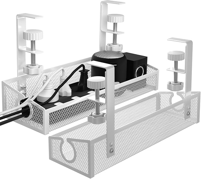 Under Desk Cable Management Tray White, No Drill Desk Cable Management Organizer with Clamp for Desk Wire Management, PC Cord Organizer Accessories & Workspace Organizers for Office