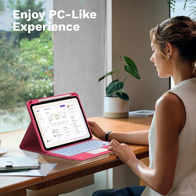 MoKo Touch Keyboard Case for iPad (A16) 11th Generation 11 inch 2025, iPad 10th Generation 10.9 inch Case with Pencil Holder, 7 Colors Backlit Multi-TrackPad Detachable Bluetooth Keyboard, Pink