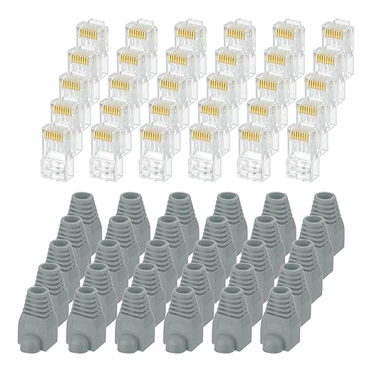 MECCANIXITY 60pcs Cat6 RJ45 Pass Through Connectors, RJ45 Connector 8P8C Gold Plated Plugs with 60pcs Dark Grey Strain Relief Boots for Solid or Stranded UTP Ethernet Cable