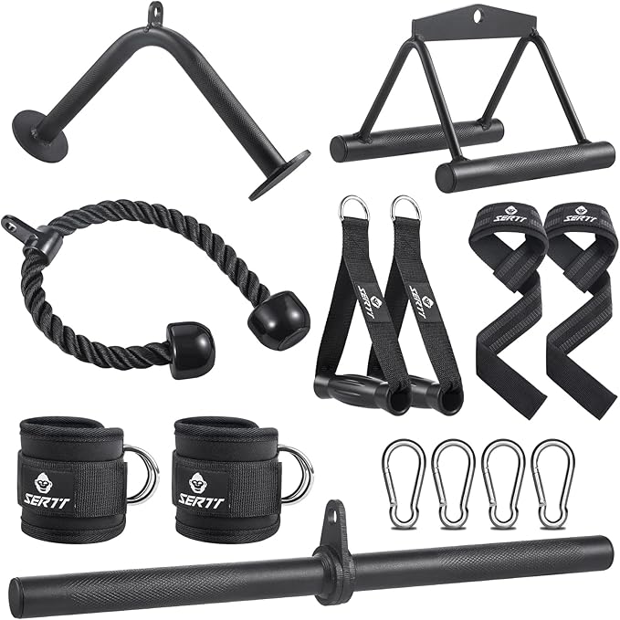 Workout Cable Machine Attachment for Home Gym, SERTT LAT Pulldown Attachments, Cable Accessories for Weight Training, Straight Pull Down Bar, Tricep Rope, Double D Row Handle, V-Shaped Bar