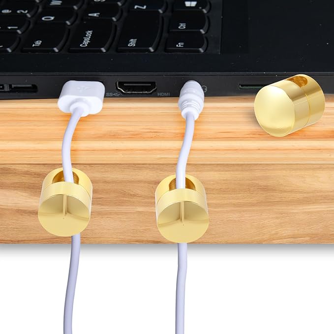 6 Sets Charger Holders for Cords, Gold Adjustable Cable Anchor Holders, Adhesive Metal Cord Clips, Cable Management Wire Organizers for Desk, Office, Nightstand