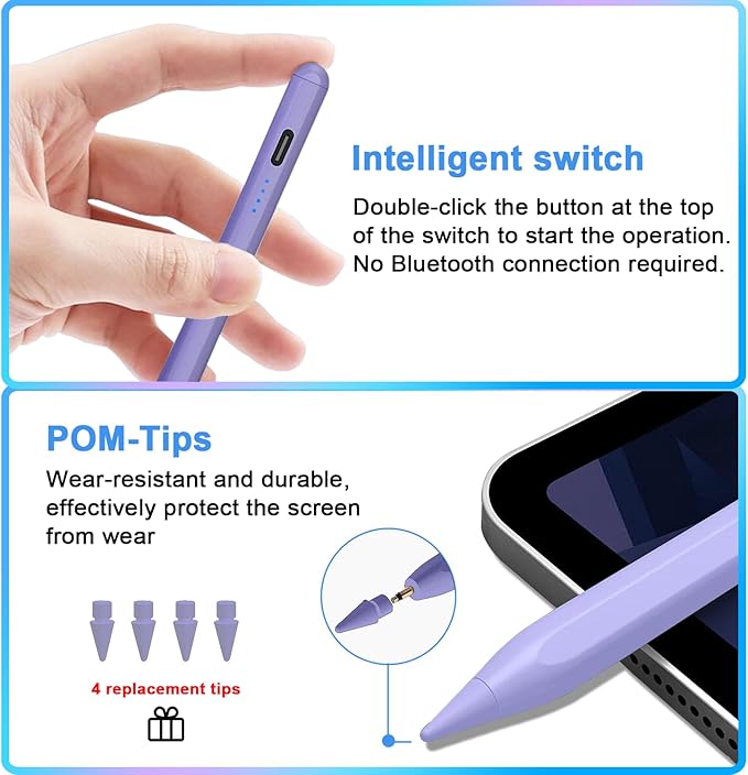 Stylus Pen for iPad 9th&10th - Type-c Charging Pencil for ipad Palm Rejection Active Pen Compatible with (2018-2025) Apple iPad 6/7/8/9/10/11(A16), Air 3/4/5/M2/M3, Mini 5/6, Pro 11"/12.9"/M4(Purple)