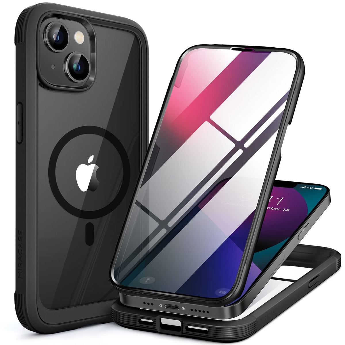 Miracase for iPhone 13 Case 6.1'',Full-Body Magnetic Clear Bumper Case with Built-in 9H Tempered Glass Screen Protector,Military Drop Protection Outdoor Phone Case — iPhone 13 mini