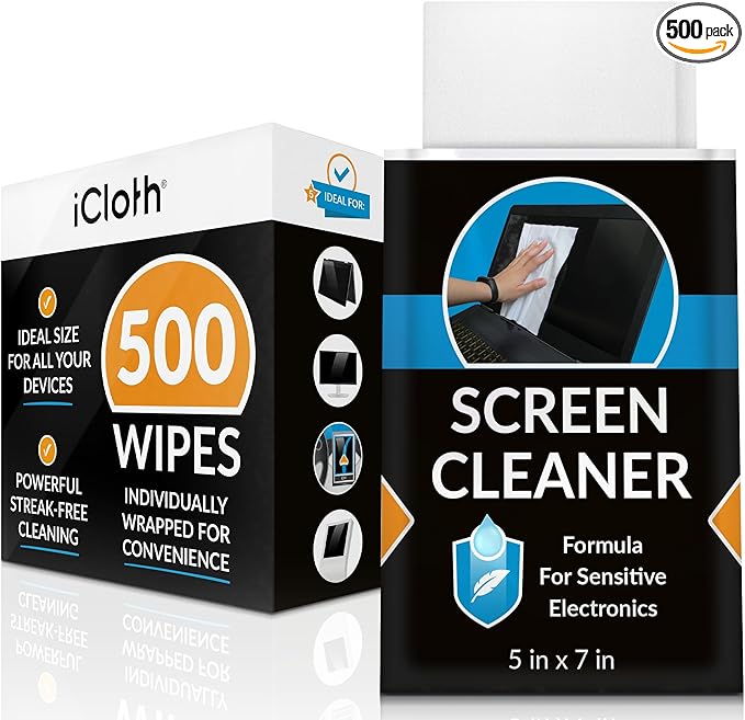 iCloth Screen Cleaner Wipes Individually Wrapped Travel Size Streak-Free (24 Large Wipes)