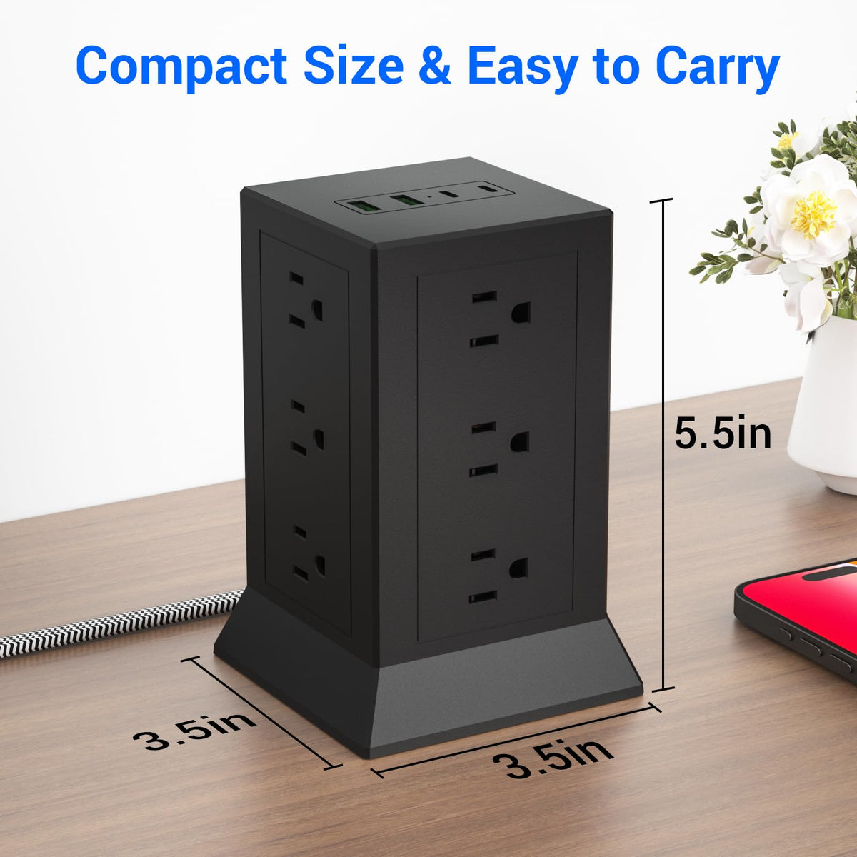Power Strip Tower with Multiple Outlets 16.5 Ft Extension Cord Flat Plug with 12 AC Outlets 4 USB Ports (2 USB C), Power Tower Surge Protector with Individual Switches for Home Office Dorm Room, Black