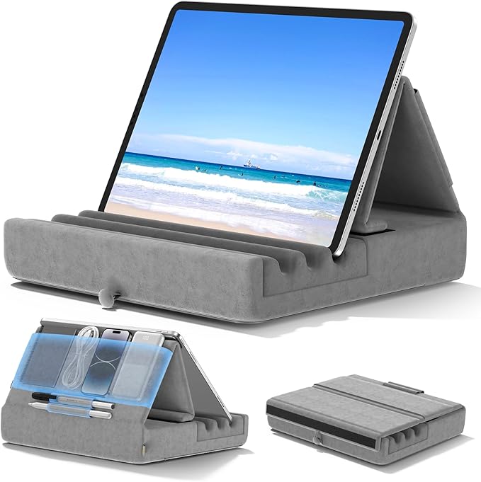 KDD Tablet Pillow Holder, Foldable iPad Stand for Lap, Bed and Desk -Tablet Soft Pad Dock with Pocket & Stylus Mount Compatible with iPad Pro 12.9, 10.5, 9.7 Air Mini 6 5 4 3, E-Reader