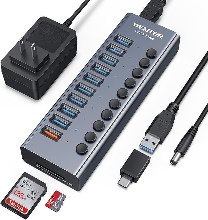 Powered USB Hub, Wenter 11-Port USB Splitter Hub (10 Faster Data Transfer Ports+ 1 Smart Charging Port) with Individual LED On/Off Switches, USB Hub 3.0 Powered with Power Adapter for Mac, PC