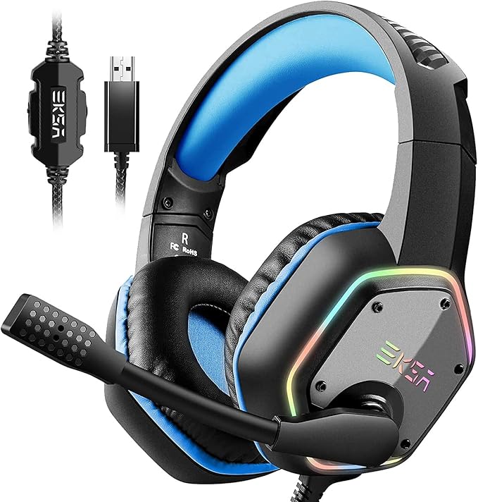 EKSA E1000 Gaming Headset, Computer Headphones with Noise Canceling Mic & RGB Light, Compatible with PC, PS4, PS5, Laptop
