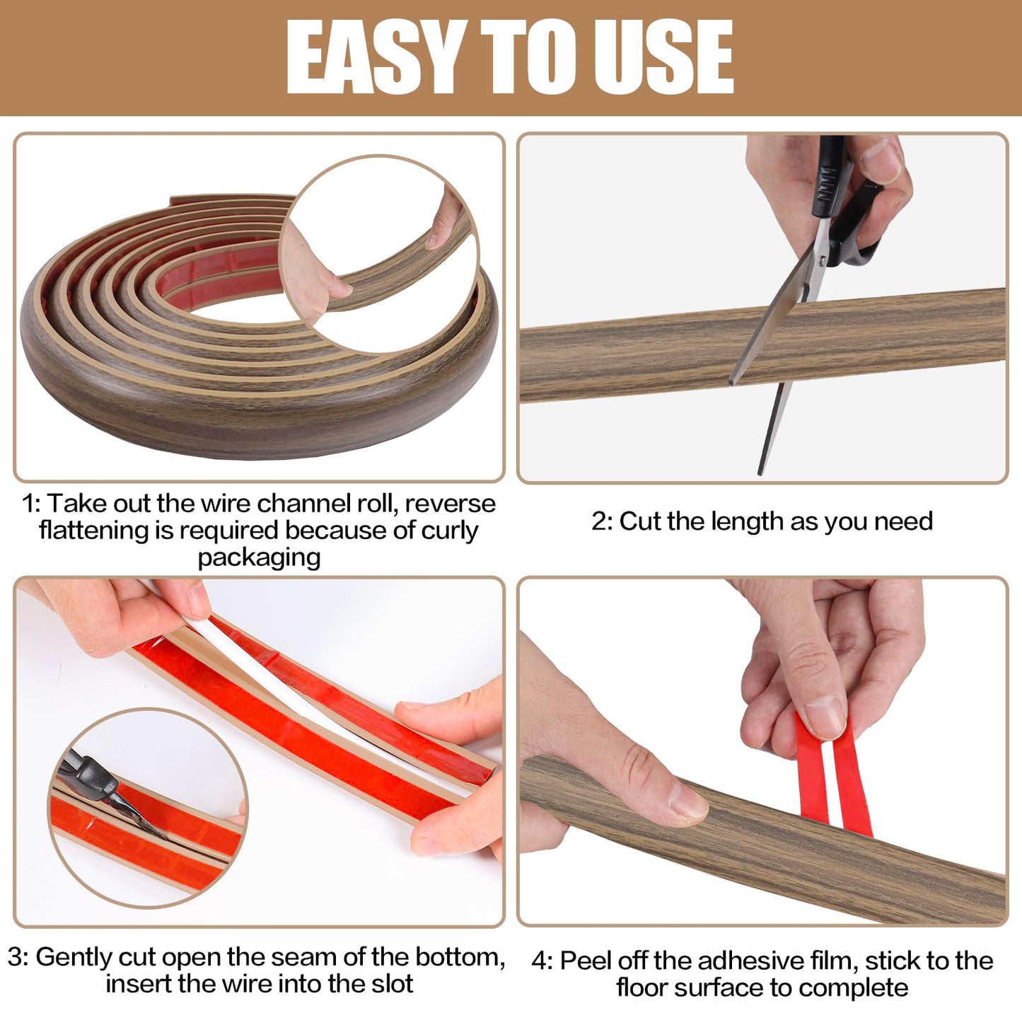 Floor Cord Cover Self Adhesive Cord Hider,3.3FT Cable Management, Extension Strip Protector for Wires, Prevent Cable Trips for Offices, Gyms, Exhibitions Cavity:0.3"(W) x0.28(H) Woodsmokedbrown