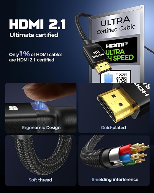 Silkland Certified HDMI 2.1 eARC/ARC Cable 3.3FT, 48Gbps 8K HDR Ultra Cord
