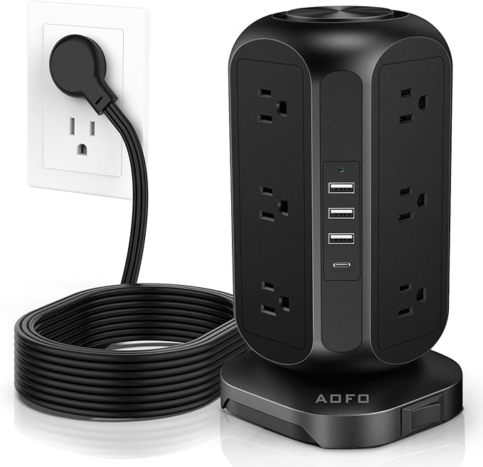 AOFO Long Extension Cord 15 ft Power Strip Tower, Power Strip 12 AC Outlets 4 USB(1 USB C) Ports, Charging Tower Overload Protection with Multiple Outlets for Home Office
