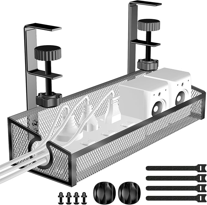 Under Desk Cable Management Tray White, No Drill Desk Cable Management Organizer with Clamp for Desk Wire Management, PC Cord Organizer Accessories & Workspace Organizers for Office