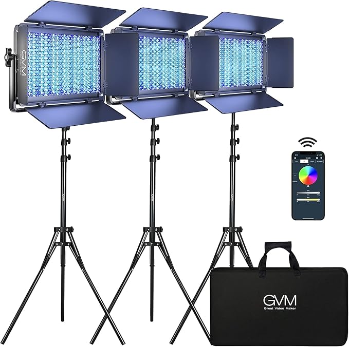 GVM 1500D RGB LED Video Light with Softbox, 75W Video Lighting Kit with Bluetooth Control, 3 Packs Led Panel Light for Photography, YouTube Studio, Broadcasting, 18 Kinds Lighting Scene