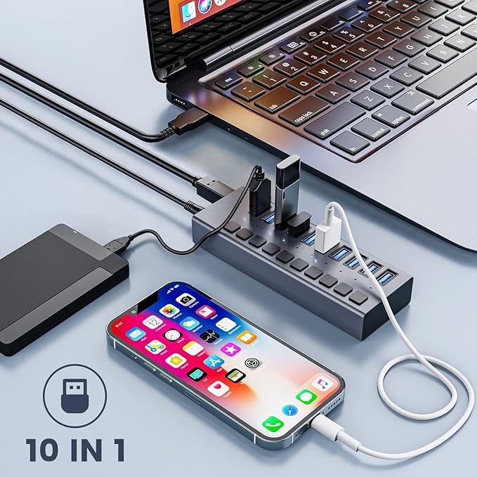 48W Powered USB Hub - ACASIS 10 Ports USB 3.0 Data Hub, Individual On/Off Switches, 12V/4A Power Adapter, Aluminum Housing, USB Splitter for PC, Computer, Mobile HDD, Flash Drive