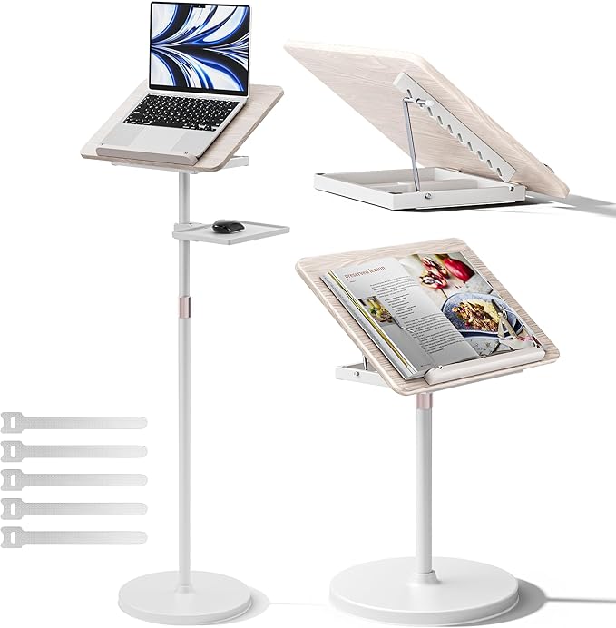 2 in 1 Adjustable Book Stand - Dual-Use Floor and Desktop Book Holder Stand, Height Adjustable 23.5-52 in, Elastic Page Clips for Music Sheet, Recipe, Tablet