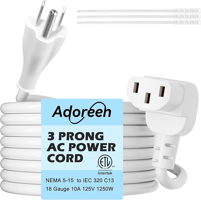 Adoreen 15 Ft Computer TV Replacement Power Cord White, 18AWG 3-Prong AC Universal Power Supply Cable NEMA 5-15P to IEC 320 C13 for Printer, PC, Monitor TV LCD, ETL+Ties