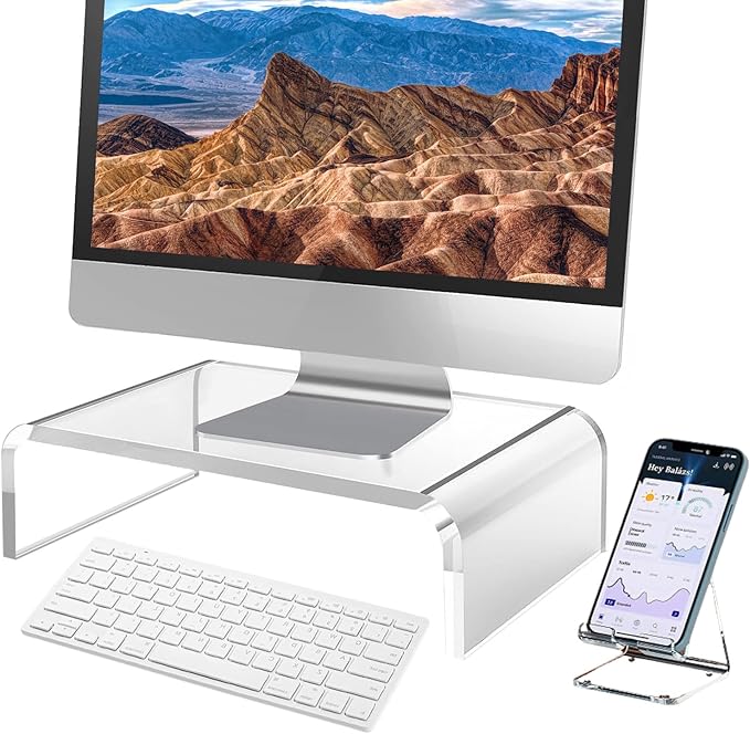 VAOLLO 2 Pack Computer Monitor Riser with keyboard cover Anti-Cat, Dual Monitor Stand Riser, Multimedia Desktop Stand for Dual Monitors/Laptop/Flat Screen TV (20"+14")