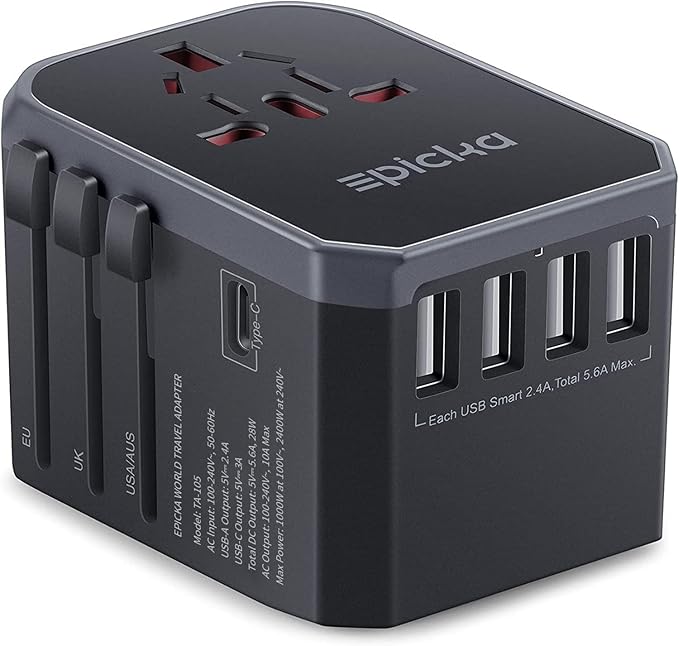 EPICKA Universal Travel Adapter with 1AC/1 USB-C/4 USB-A Ports