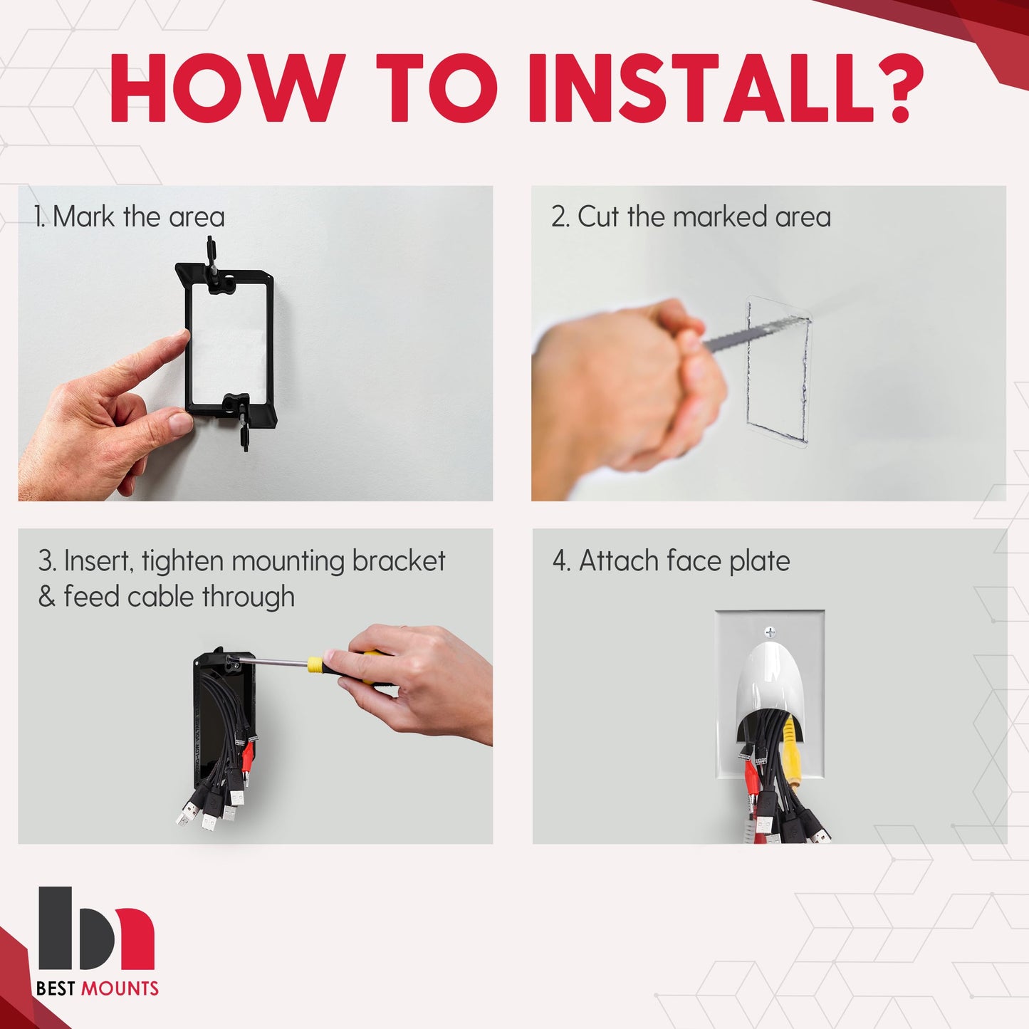 1 Pack Wall Plate Cable Pass Through with Bracket - In Wall Cable Management Kit - Recessed Cable Wall Plate Pair with Single Gang Low Voltage Mounting Bracket - Decorator Cover for Low Voltage Cables