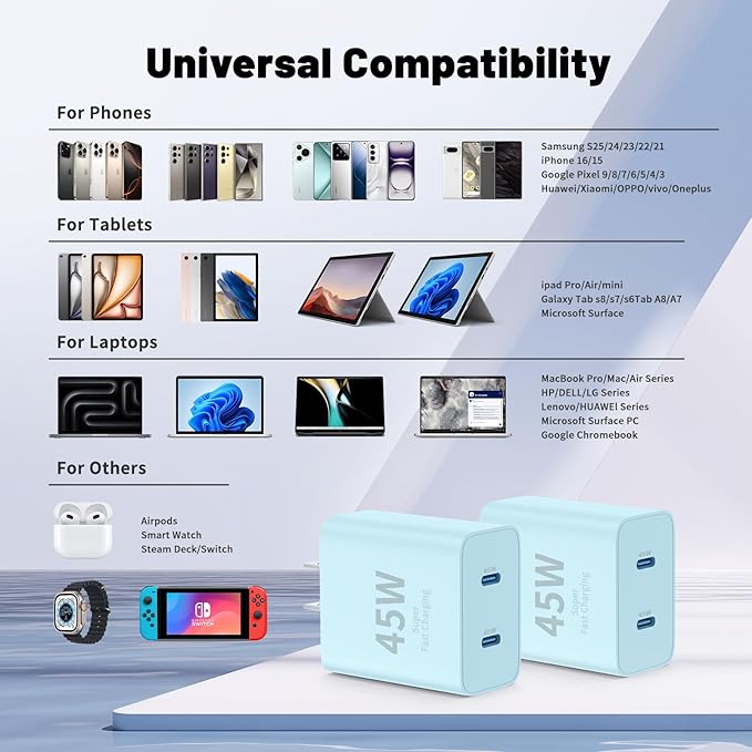 QZIIW iPhone 17 16 15 Pro Max Fast Charger,45W Dual Port USB C Fast Charger