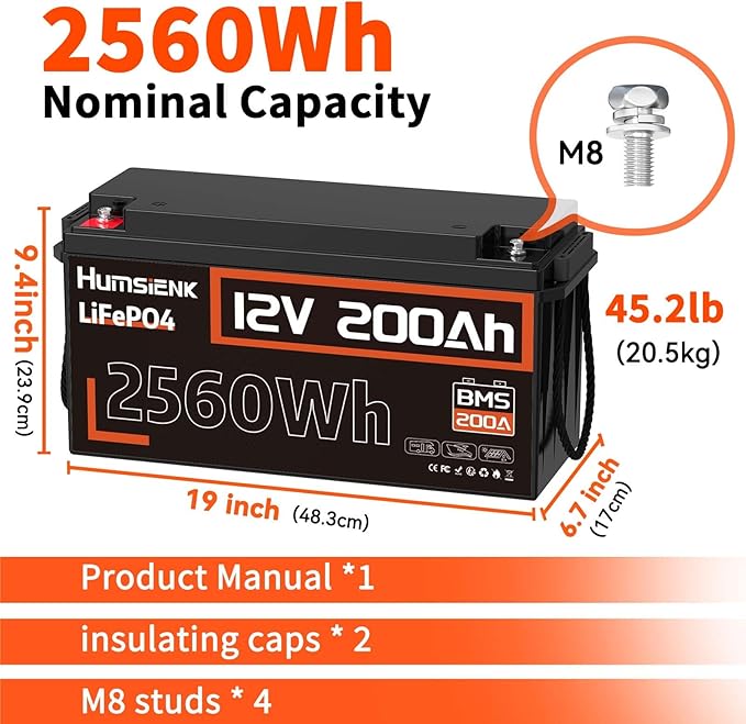 4PACK 12V 200Ah LiFePO4 Battery, Built-in 200A BMS, Rechargeable Deep Cycles DIY Battery, 2560Wh Lithium Battery for Off-Grid and Home Solar System, Marine, Trailer, RV