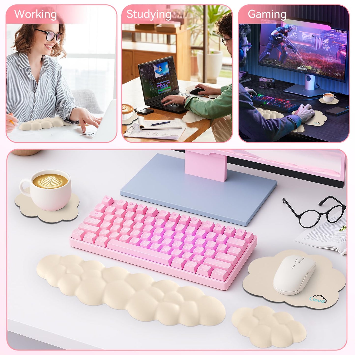 Sushret Cloud Wrist Rest for Computer Keyboard and Mouse Pad Set, Beige